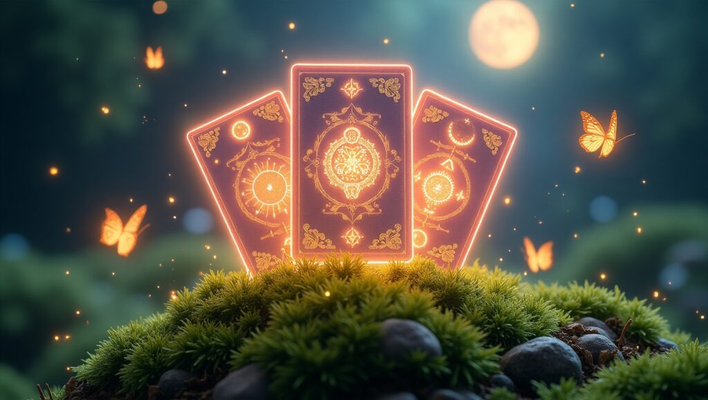 Magický výklad kariet online v prírodnej scéne pod mesiacom. Svietiace karty a motýle symbolizujú jemné vedenie duše a odpovede, ktoré práve teraz potrebuješ.