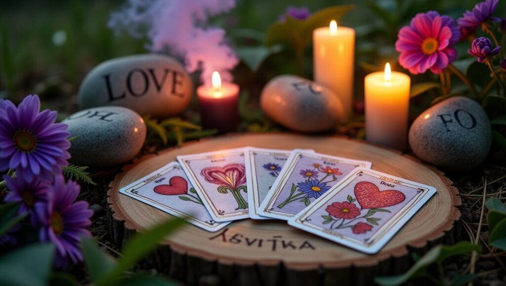 Romantický výklad kariet na lásku v magickom prostredí so sviečkami, kvetmi a symbolmi spojenia duší. Ideálny vizuál pre duchovné čítanie o vzťahoch a citoch.
